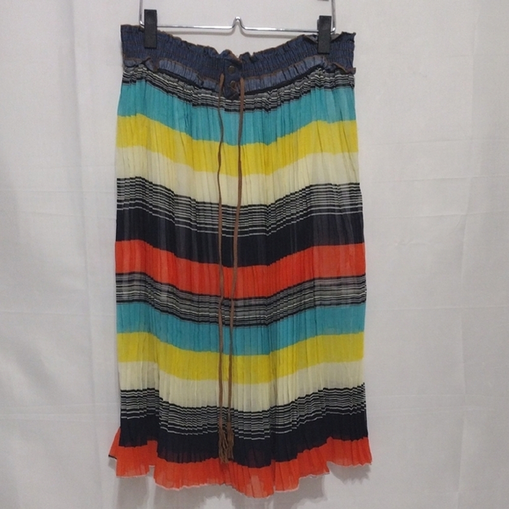 Magic Bohemian Multicolor Pleated Chiffon Midi Skirt Pull On Elastic Waist Large